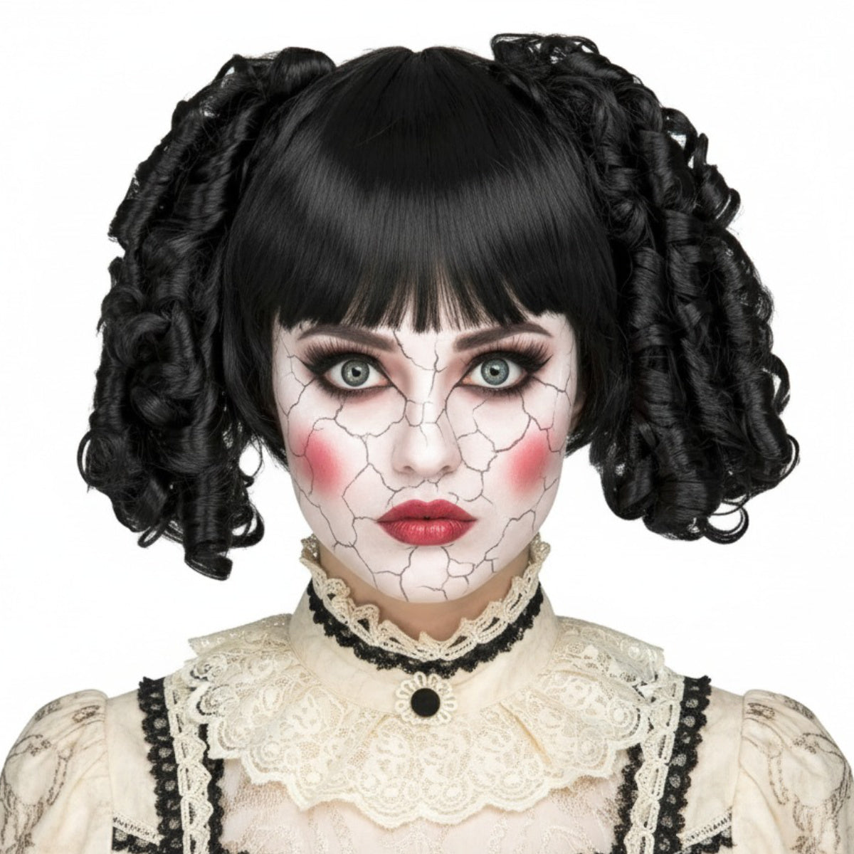 En kvinna med dramatisk dock-makeup bär en Kaxig Svart Peruk med en rak lugg och två stora, lockiga tofsar.