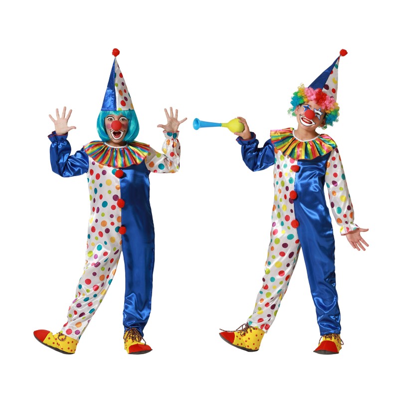 Två barn poserar glatt i matchande, färgsprakande clowndräkter, komplett med peruker, näsor och en spetsig hatt.