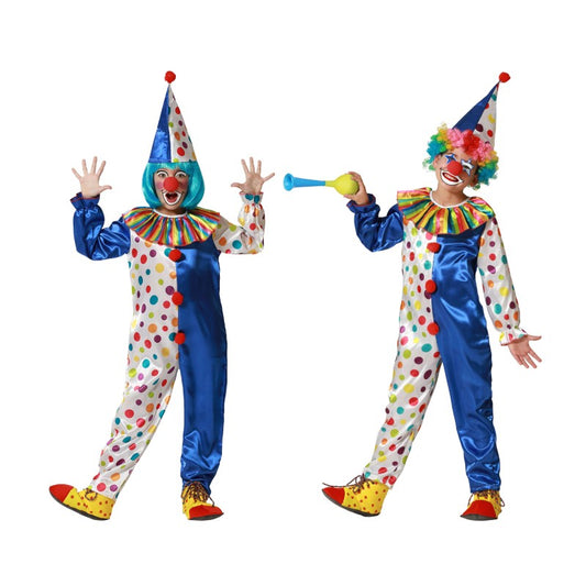 Två barn poserar glatt i matchande, färgsprakande clowndräkter, komplett med peruker, näsor och en spetsig hatt.