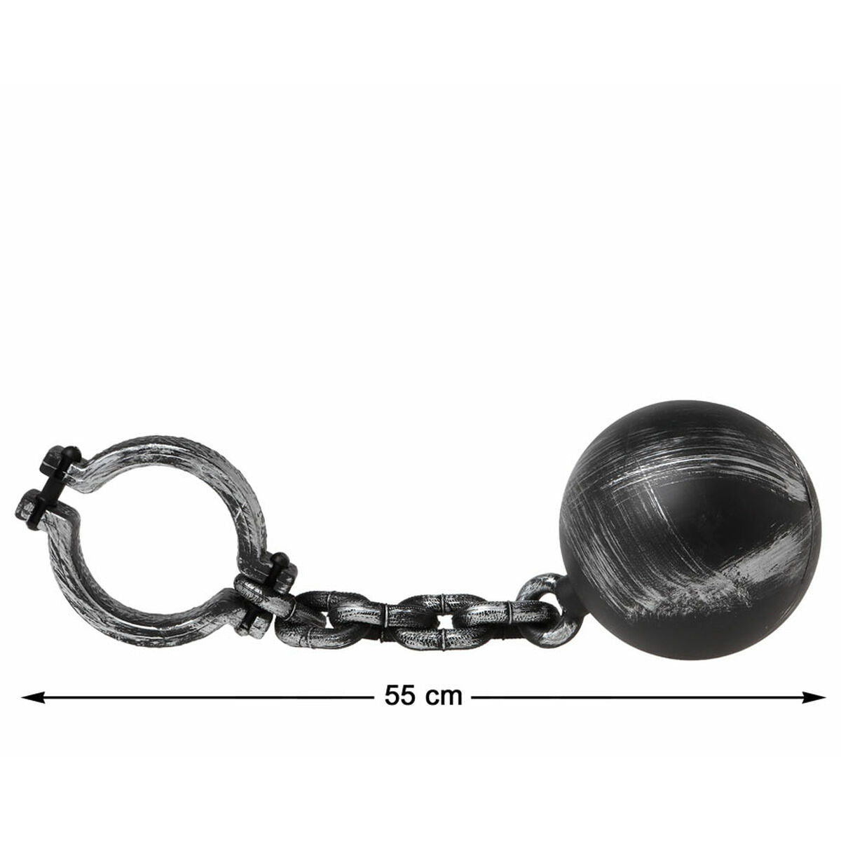 En klassisk fotboja med ett tungt klot och en kedja, som visar en total längd på 55 cm.