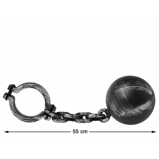 En klassisk fotboja med ett tungt klot och en kedja, som visar en total längd på 55 cm.