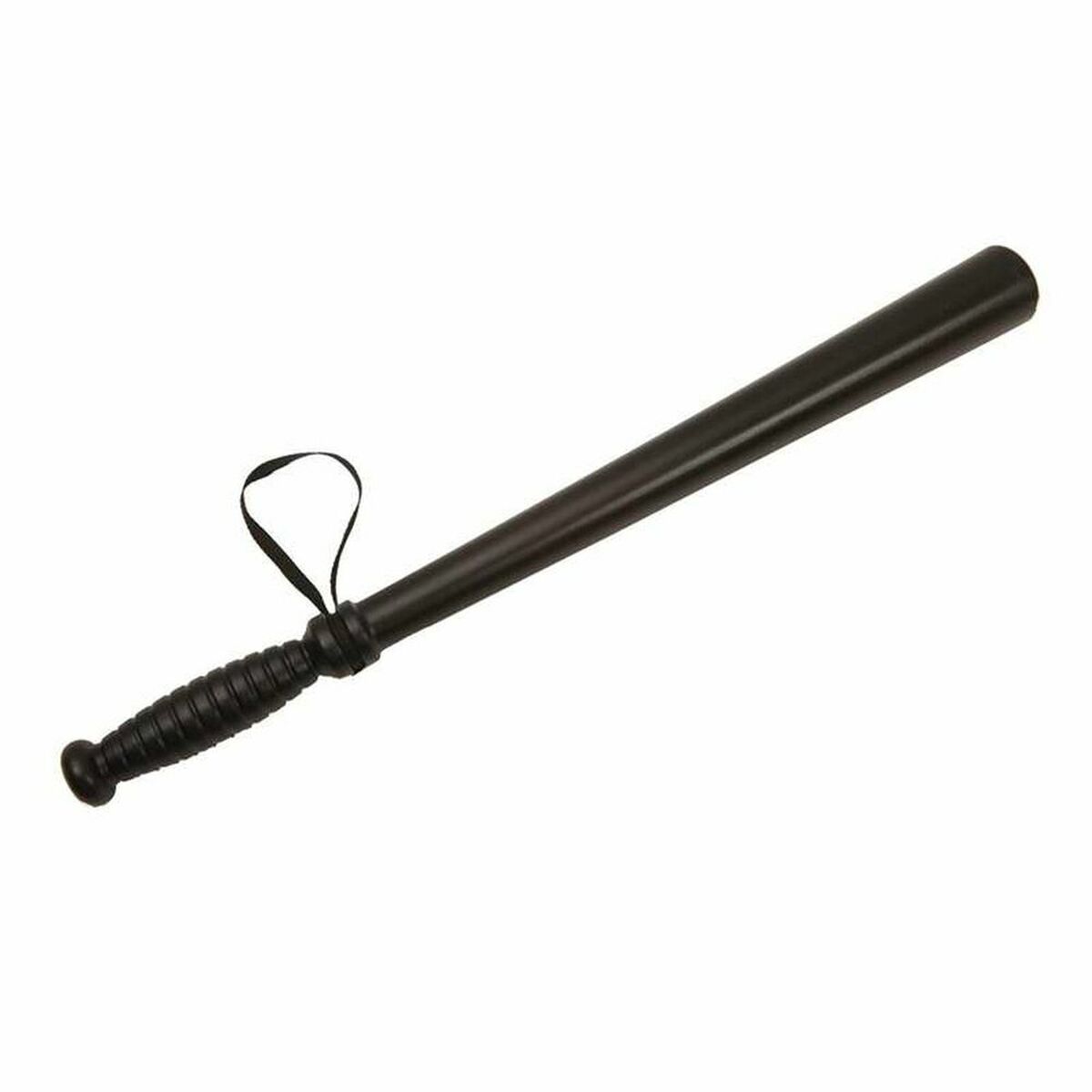 En svart, realistisk leksakspolisbatong i plast med ett räfflat handtag och en handledsrem, fotograferad mot en vit bakgrund.
