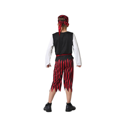 Baksidan av en klassisk barnpiratdräkt med röd- och svart-randiga byxor, svart väst och röd bandana.