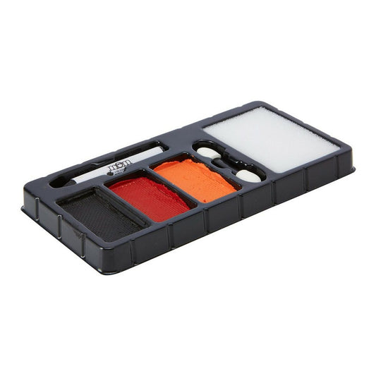 Ett sminkset för barn med färgerna svart, rött och orange, samt en vit svamp och en liten pensel, perfekt för att måla en pumpa.