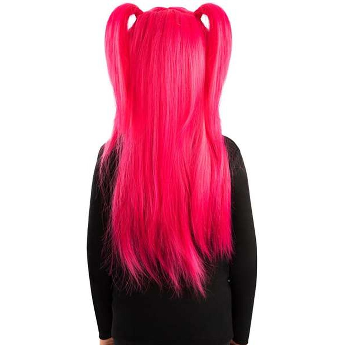 Lång rosa barnperuk sedd bakifrån med hög kvalitet och rakt neonrosa hår inspirerat av karaktären Mira.