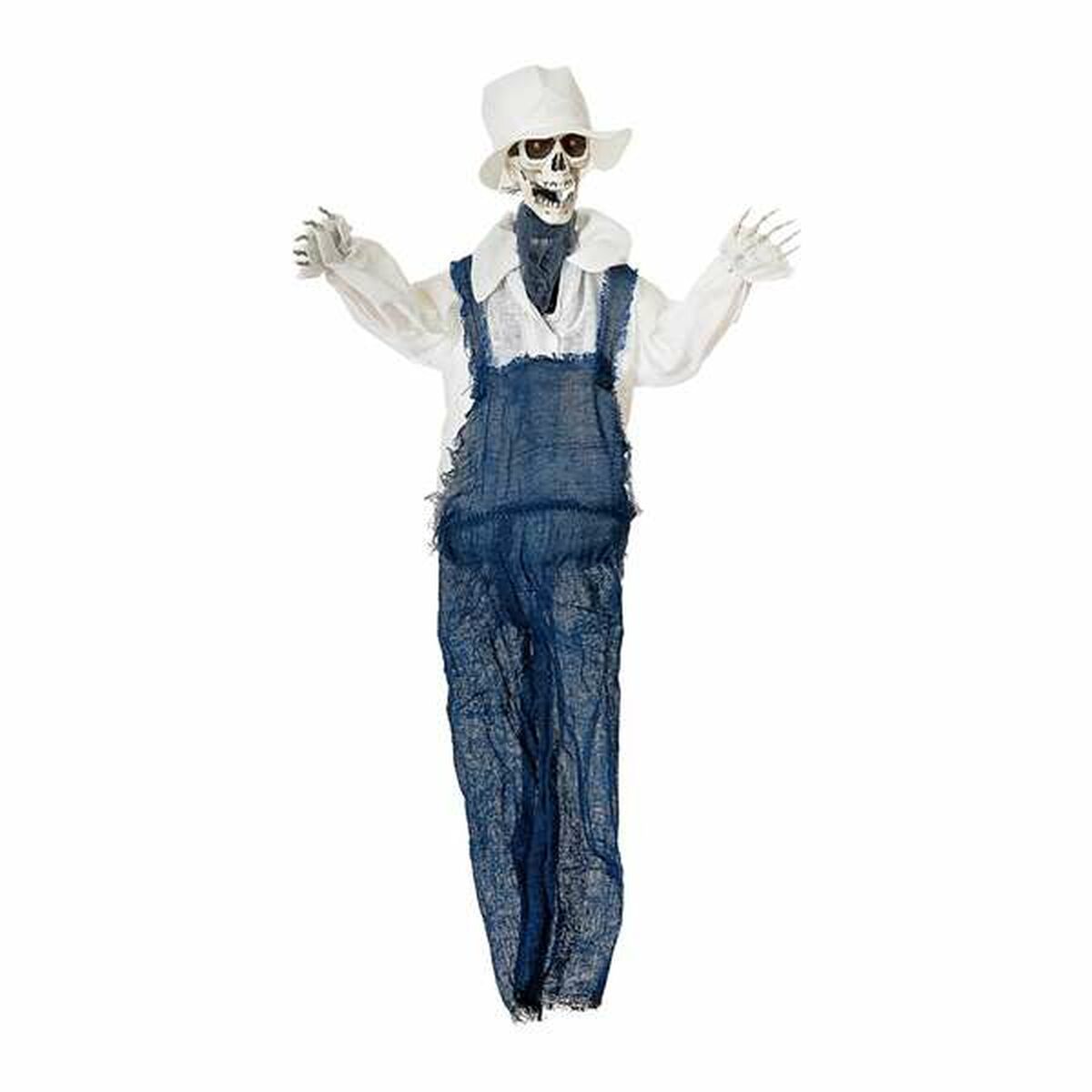 Det kompletta hängande farmar-skelettet sett snett framifrån, med armarna utsträckta och redo att skrämmas.