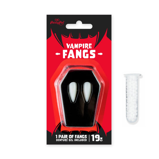 En röd och svart förpackning med långa vampyrtänder, fästgel och texten Vampire Fangs visas mot vit bakgrund.