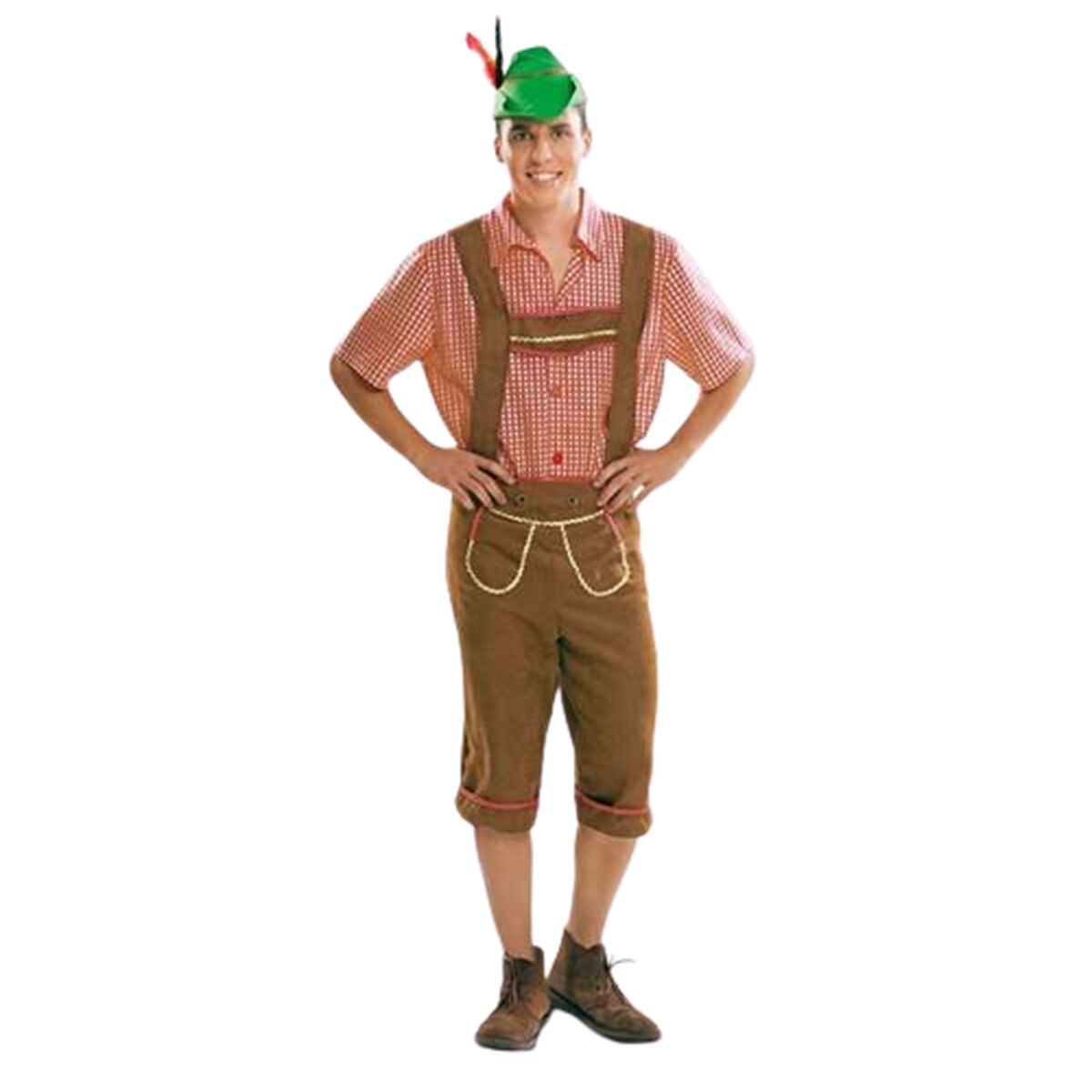Man i klassisk Oktoberfestdräkt med grön tyrolerhatt, rödvitrutig skjorta och bruna lederhosen med hängslen.