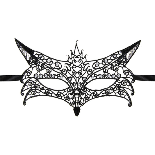 Elegant Svart Venetiansk Rävmask i Spets med Strass