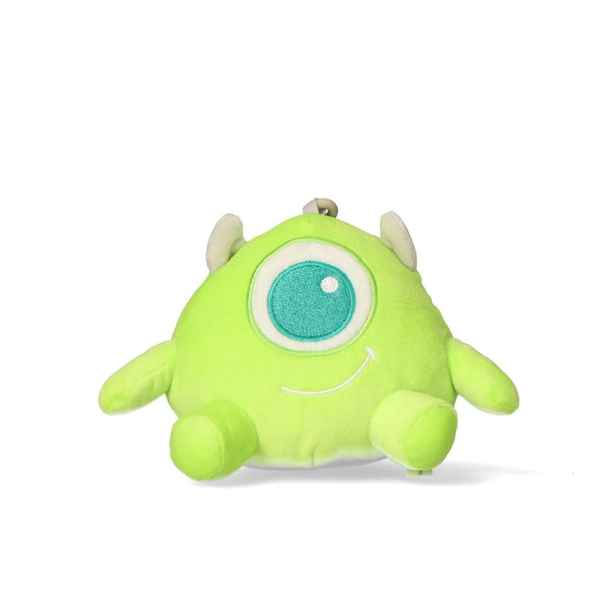 Mike Wazowski gosedjur sittande framifrån med sitt stora broderade öga och glada leende mot en vit bakgrund.