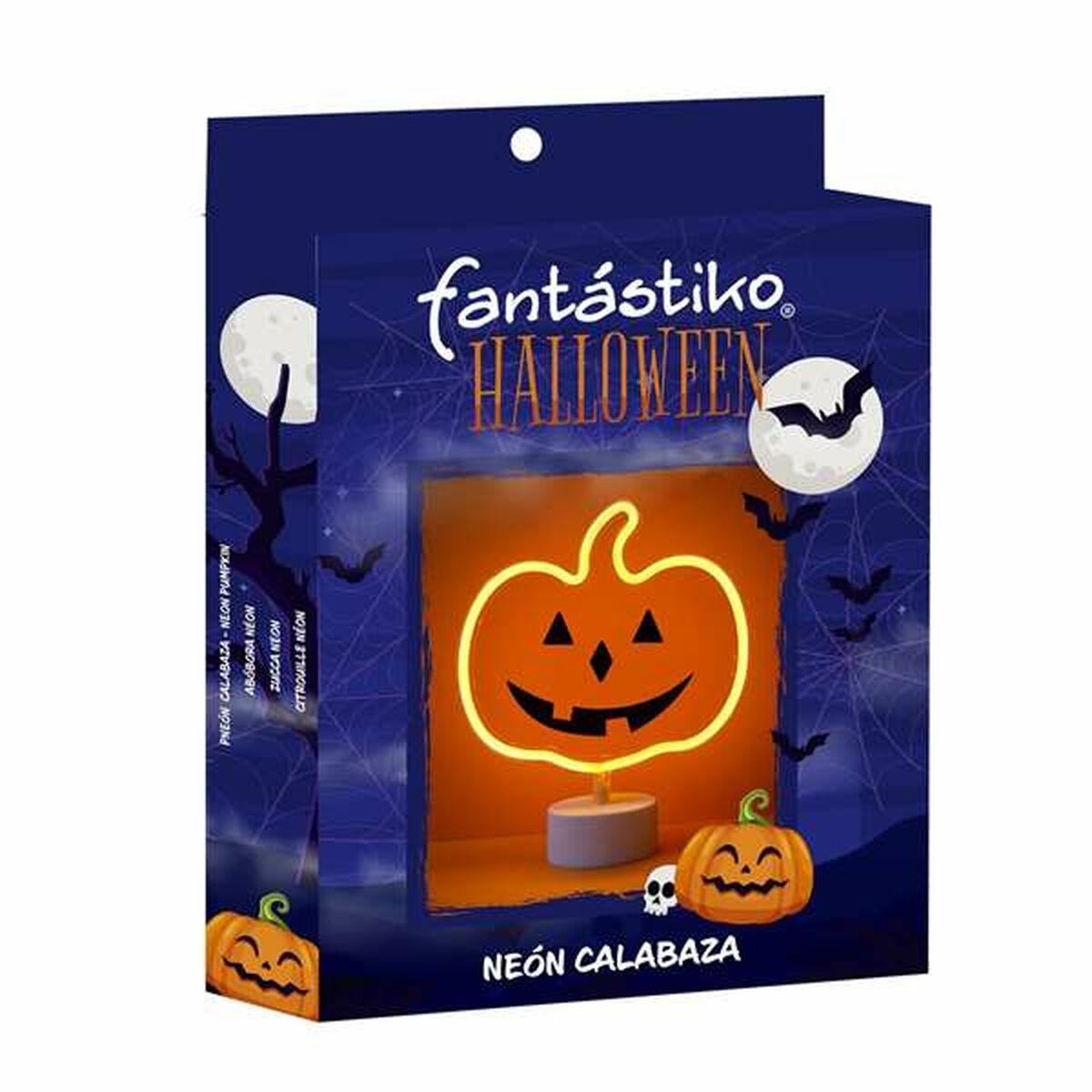 Förpackningen till den Moderna Neon Pumpa Skylten, som visar produkten i en mörk Halloween-miljö.
