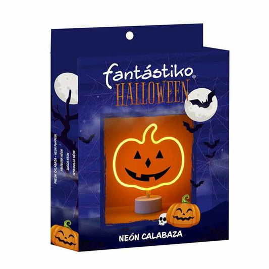 Förpackningen till den Moderna Neon Pumpa Skylten, som visar produkten i en mörk Halloween-miljö.