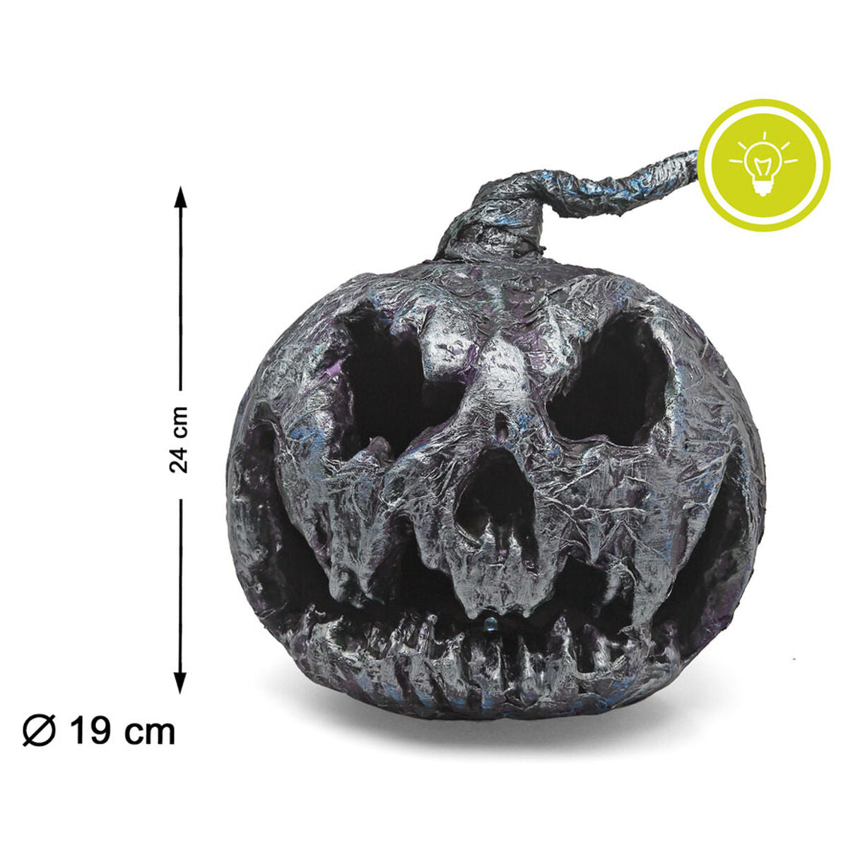 Den petrolfärgade pumpan visas med sina mått, 24 cm hög och 19 cm i diameter, och en ikon för dess ljusfunktion.