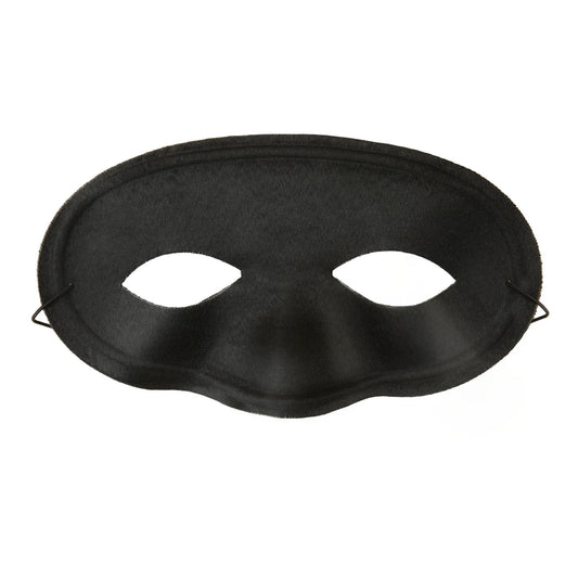 En klassisk svart ögonmask med elastiskt band visas rakt framifrån mot vit bakgrund.