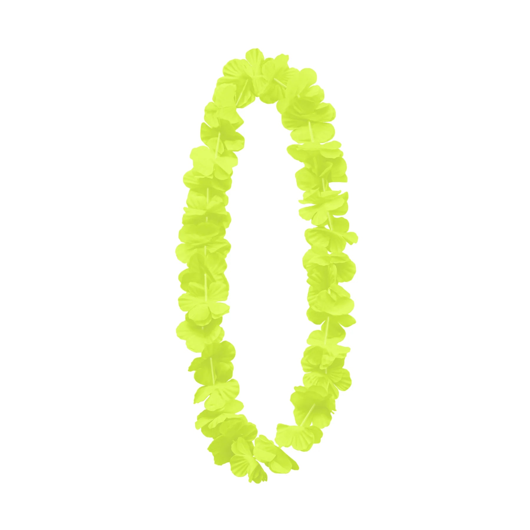 En neongul hawaiikrans med klassiska tygblommor hänger i oval form mot vit bakgrund och visar sin starka lysande färg.