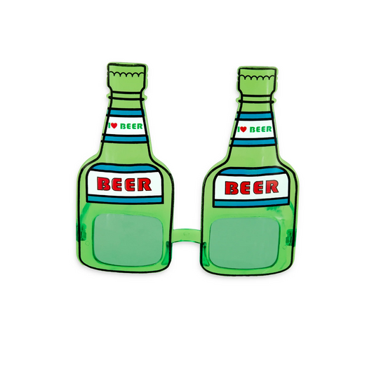 Ett par gröna festglasögon formade som ölflaskor visas framifrån med texten beer på båda flaskorna.