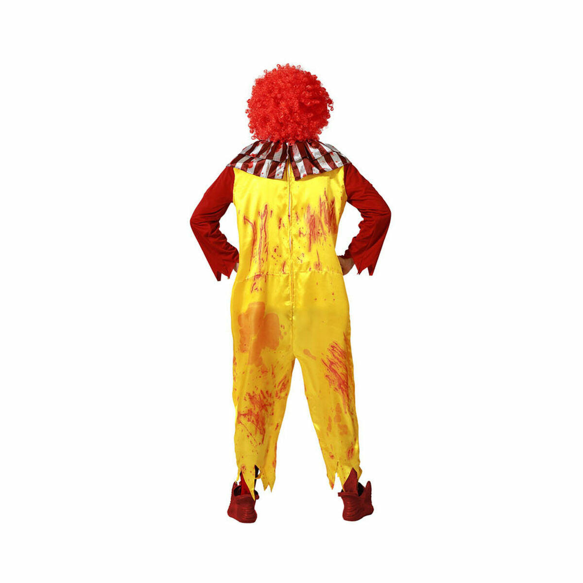 En person sedd bakifrån, som visar baksidan av den blodiga clown-jumpsuiten.