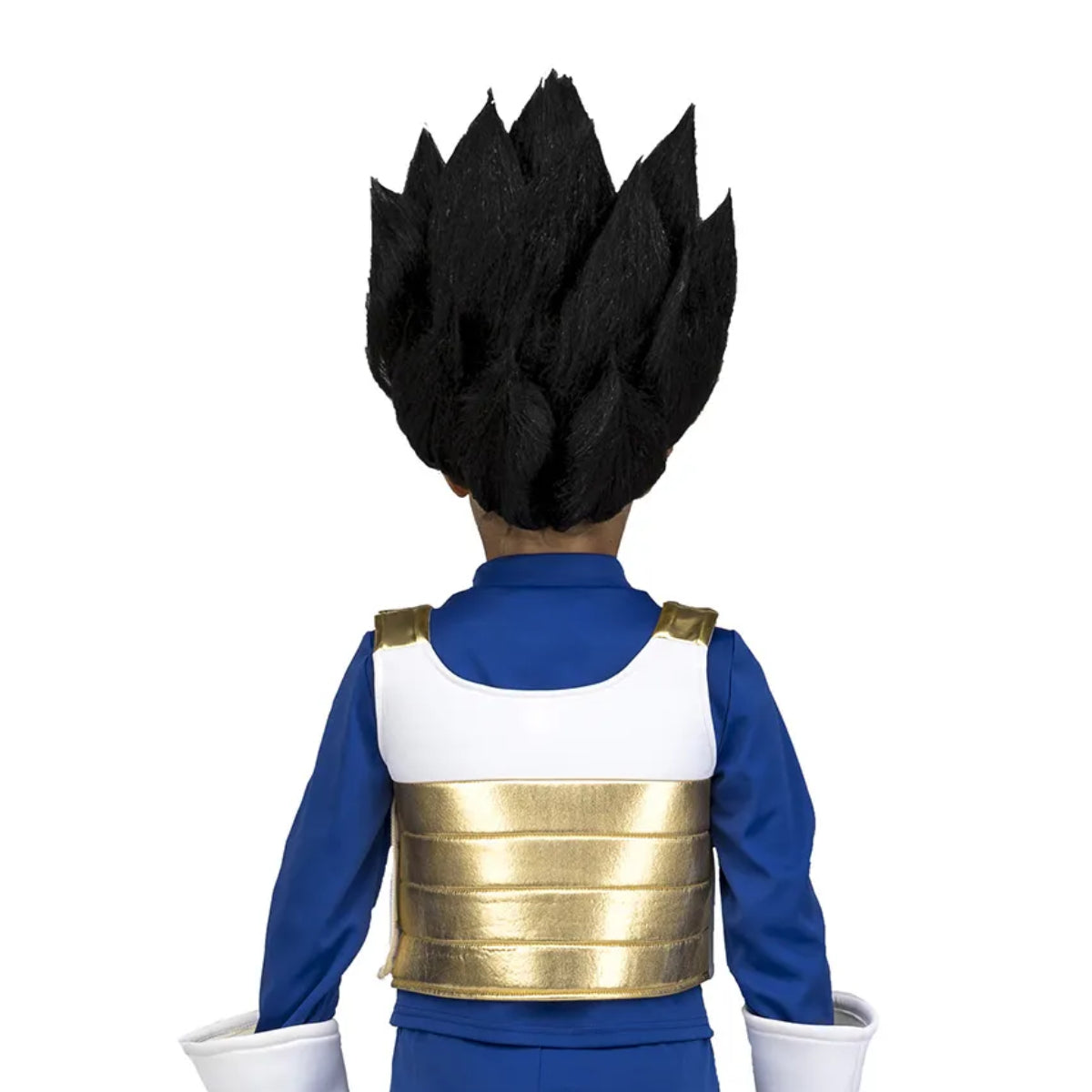 Baksidan av svart Dragonball-peruk på barn, visar detaljrik anime-stil.