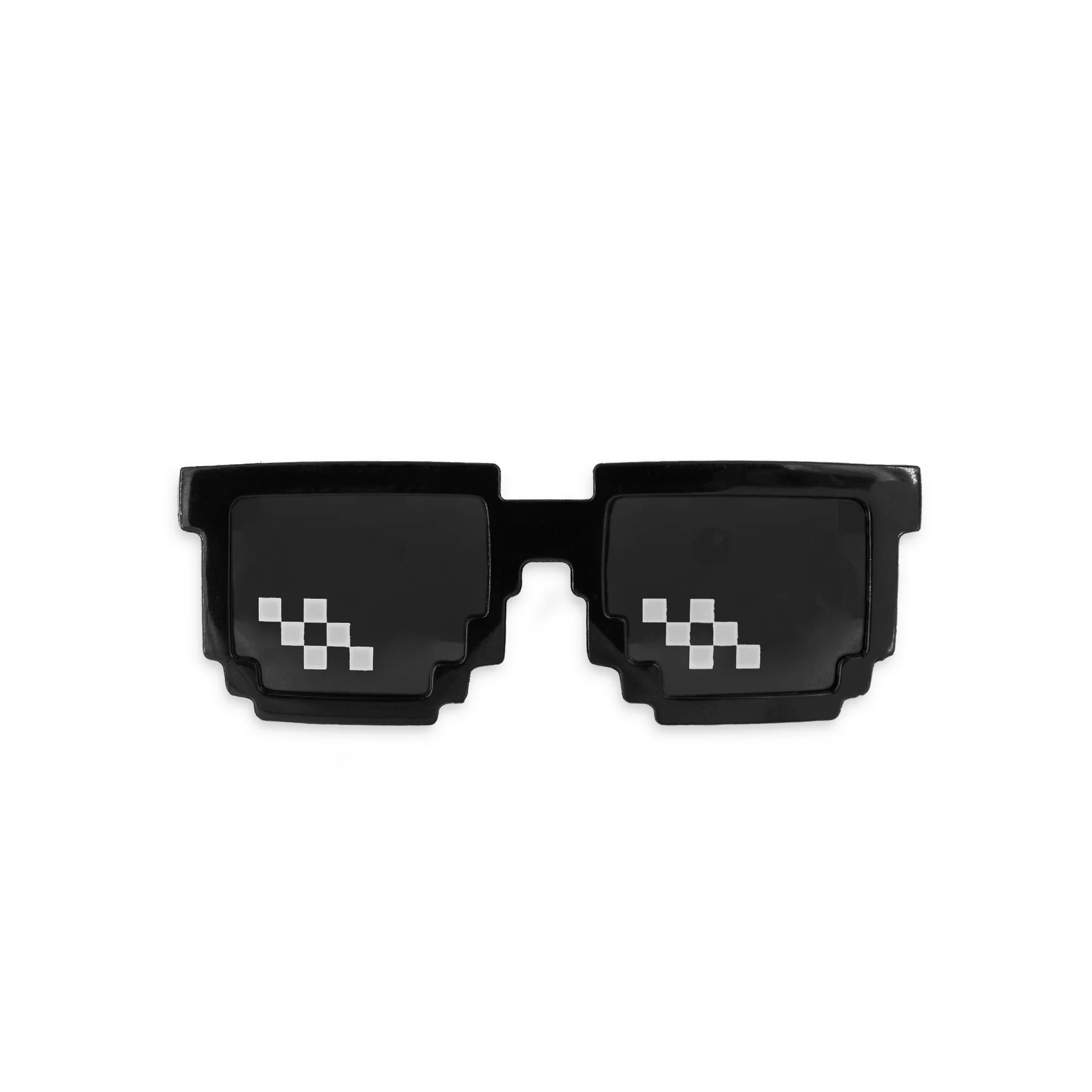 Svarta pixel solglasögon visas framifrån med mörka linser och vita pixelrutor mot vit bakgrund.