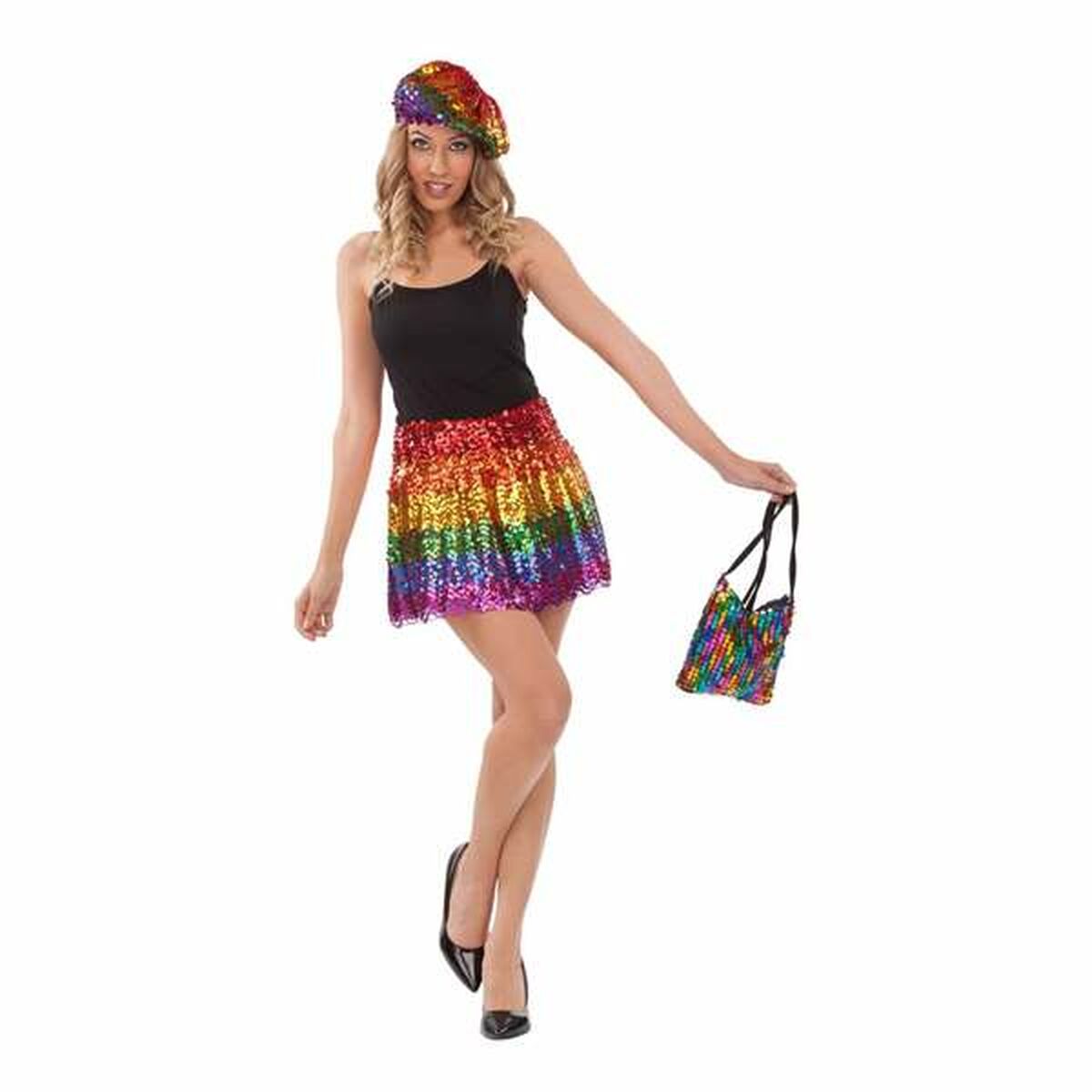 Axelväska dekorerad med regnbågsfärgade paljetter, hålls i handen av en person – färgstark accessoar perfekt för Pride, fest eller som present.