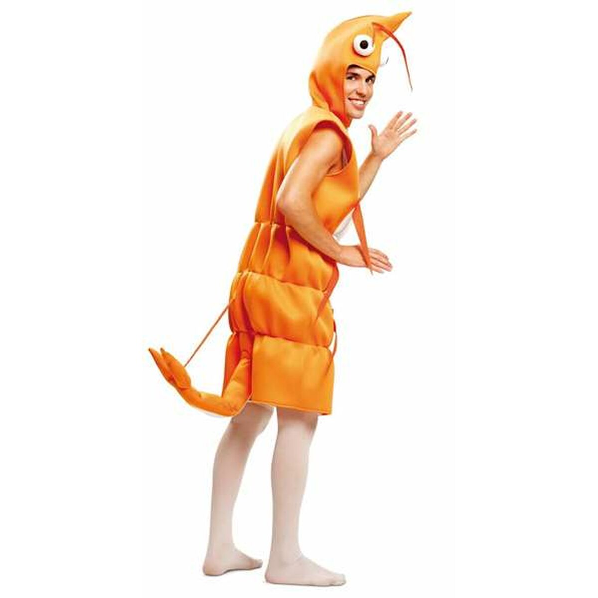 Sidan av en man som bär den orangea räka maskeraddräkten, som visar dräktens segmenterade kropp och svans.