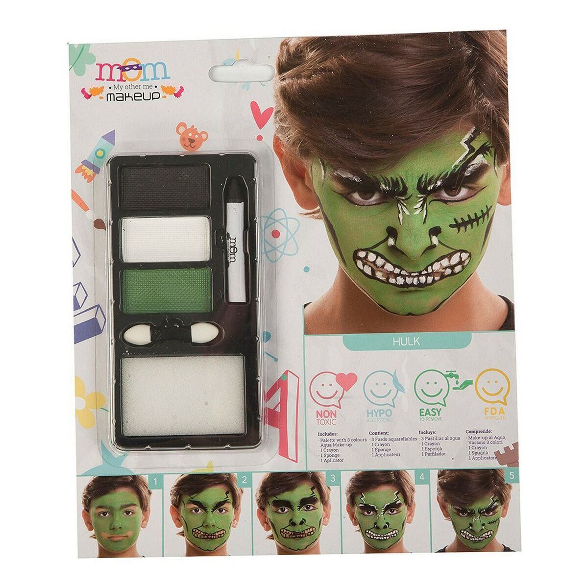 En förpackning med ett barnsmink-set som visar en pojke med en komplett och arg, grön superhjälte-ansiktsmålning.