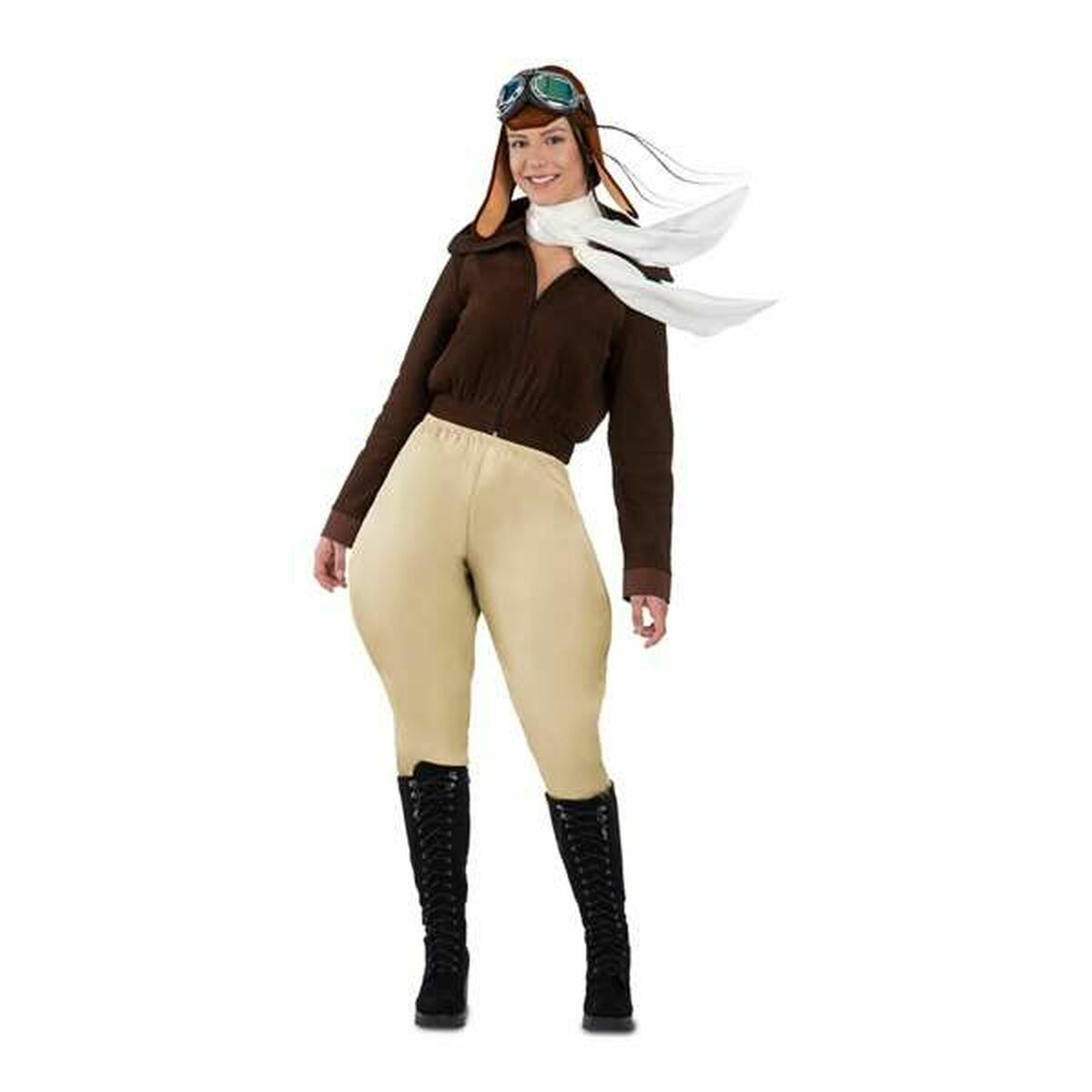 En leende kvinna poserar i en komplett Retro Flygar-Dräkt för dam, med en brun jacka, ridbyxor, pilotmössa och en vit scarf.