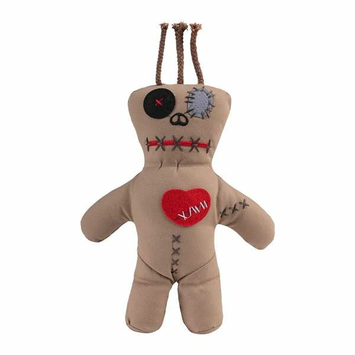 En beige, Rolig Voodoo-docka med ett rött hjärta, ett knappöga och grova stygn.