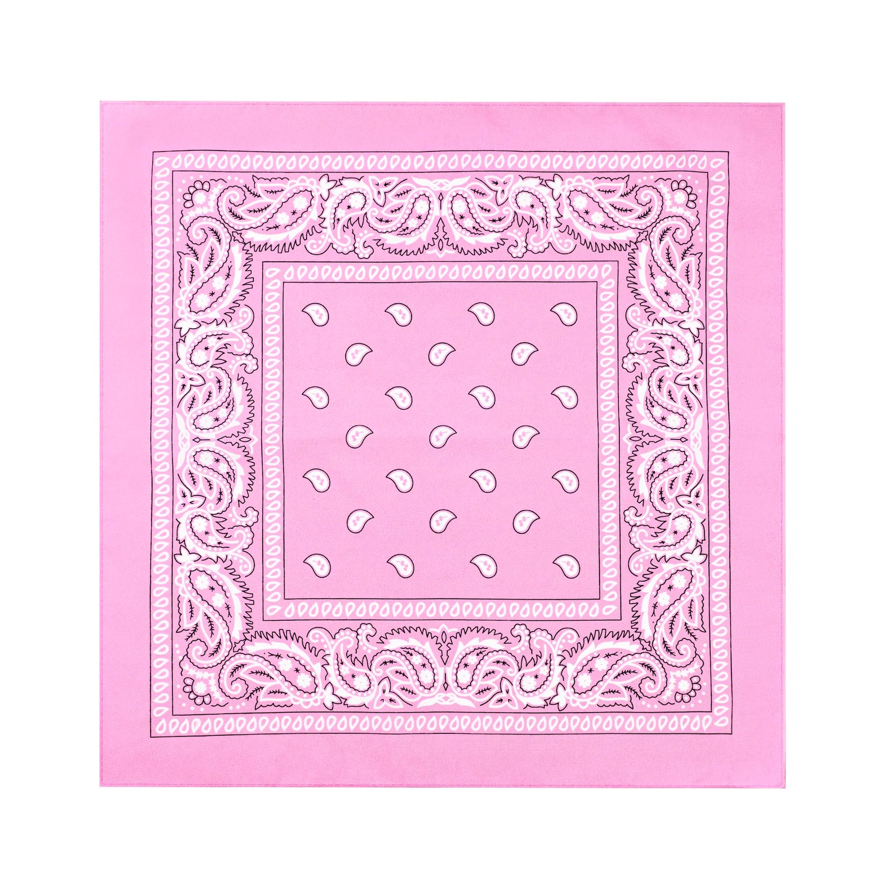 En rosa bandana ligger utvikt mot vit bakgrund och visar sitt kvadratiska format, paisleymönster och dekorativa kant.