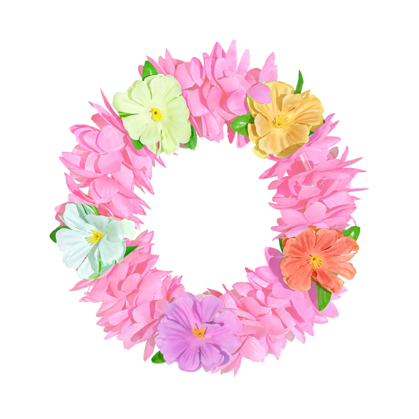 En rosa blomsterkrans med elastiskt pannband och tygblommor i vitt, lila, orange och gult visas i rund form mot vit bakgrund.