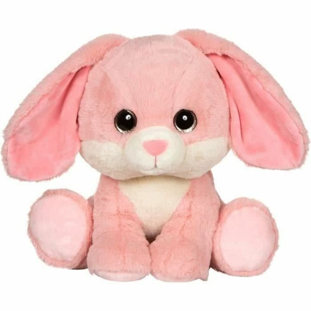 En sittande rosa mjukiskanin med stora glittriga ögon, krämvit mage och långa fluffiga hängöron mot en vit bakgrund.