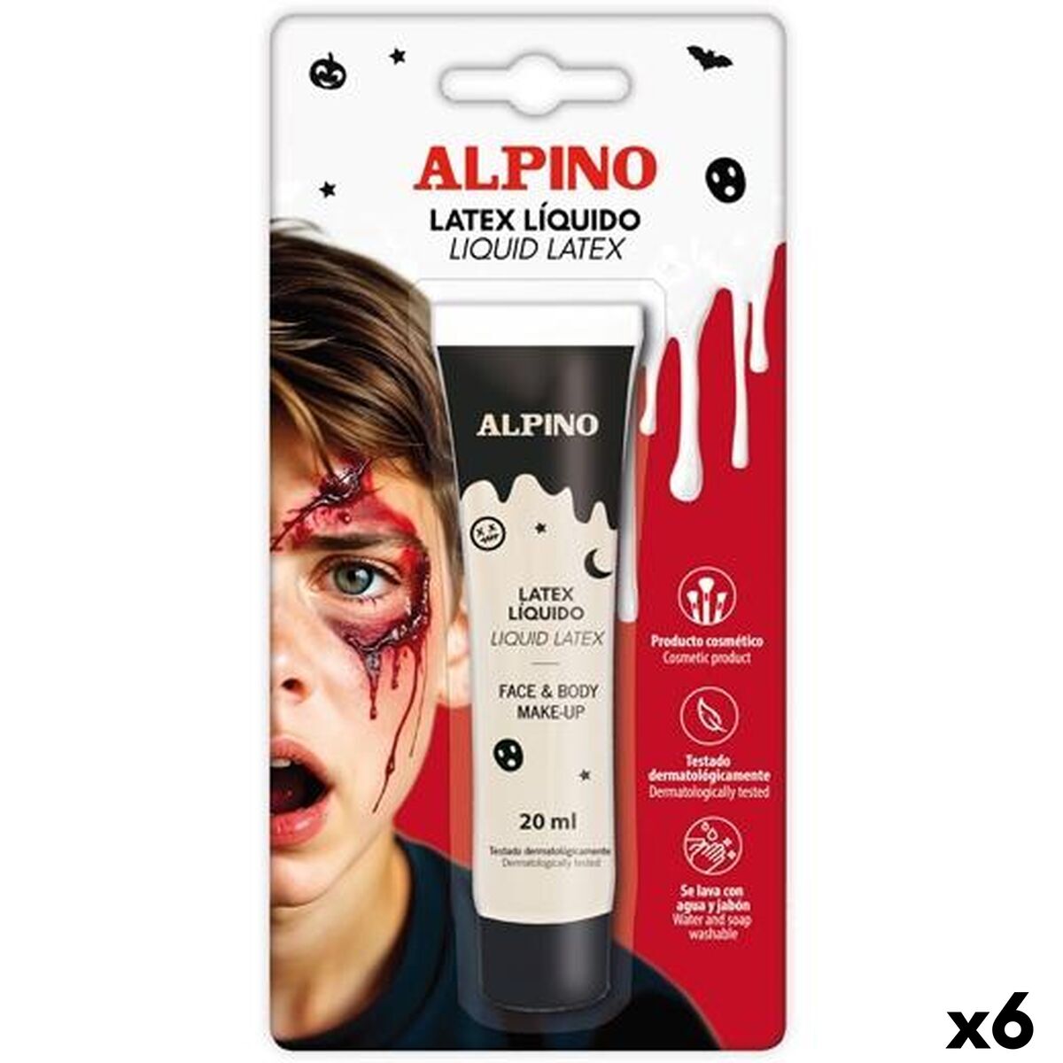 Ett förpackning med flytande latexsmink från Alpino, med en bild på en pojke med en skrämmande sårskada på ansiktet.