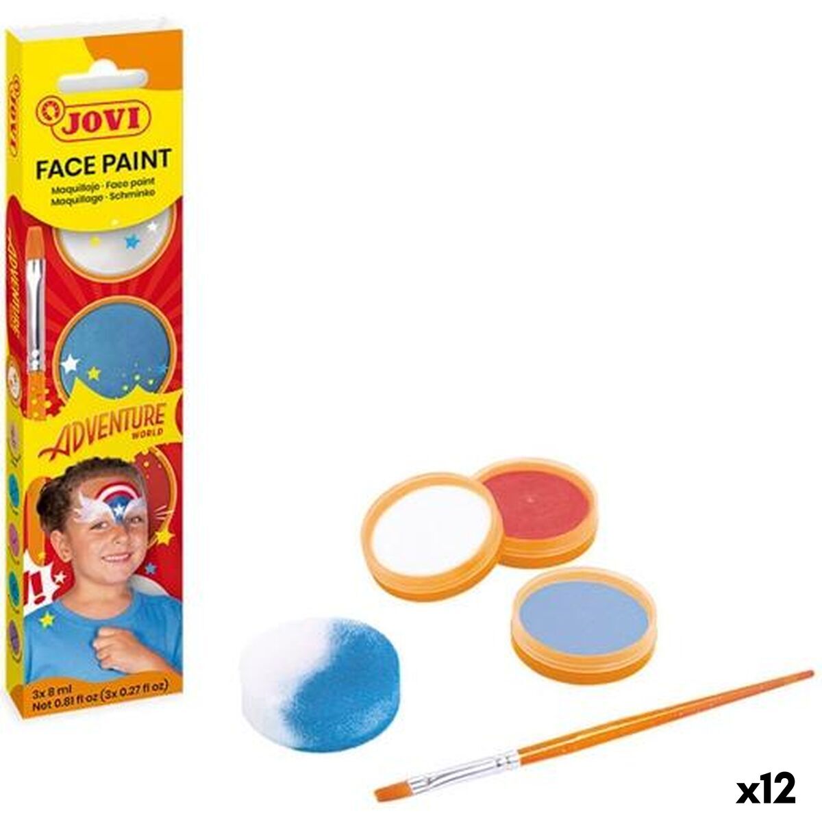 Ett sminkset för barn med temat 'Adventure World' som innehåller tre färger ansiktsfärg, en badsvamp och en pensel, samt en bild på ett barn med ansiktsmålning.