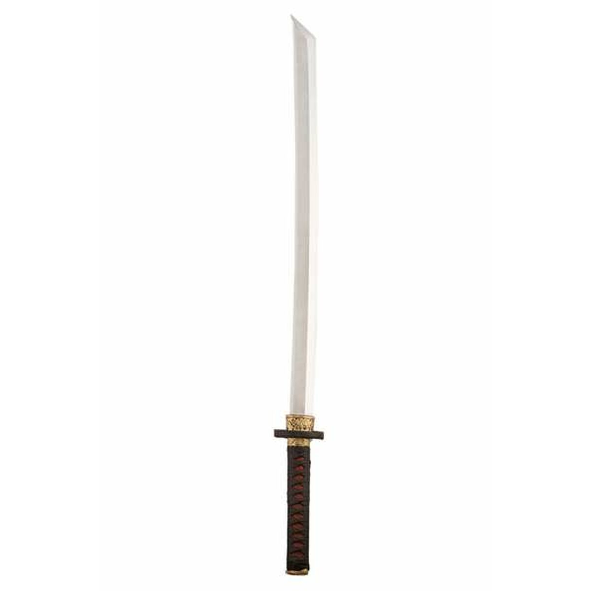 Ett långt och stilrent, men säkert, leksakssvärd i foam som liknar en japansk katana, med en lång silverfärgad klinga och ett elegant, mörkt lindat handtag.