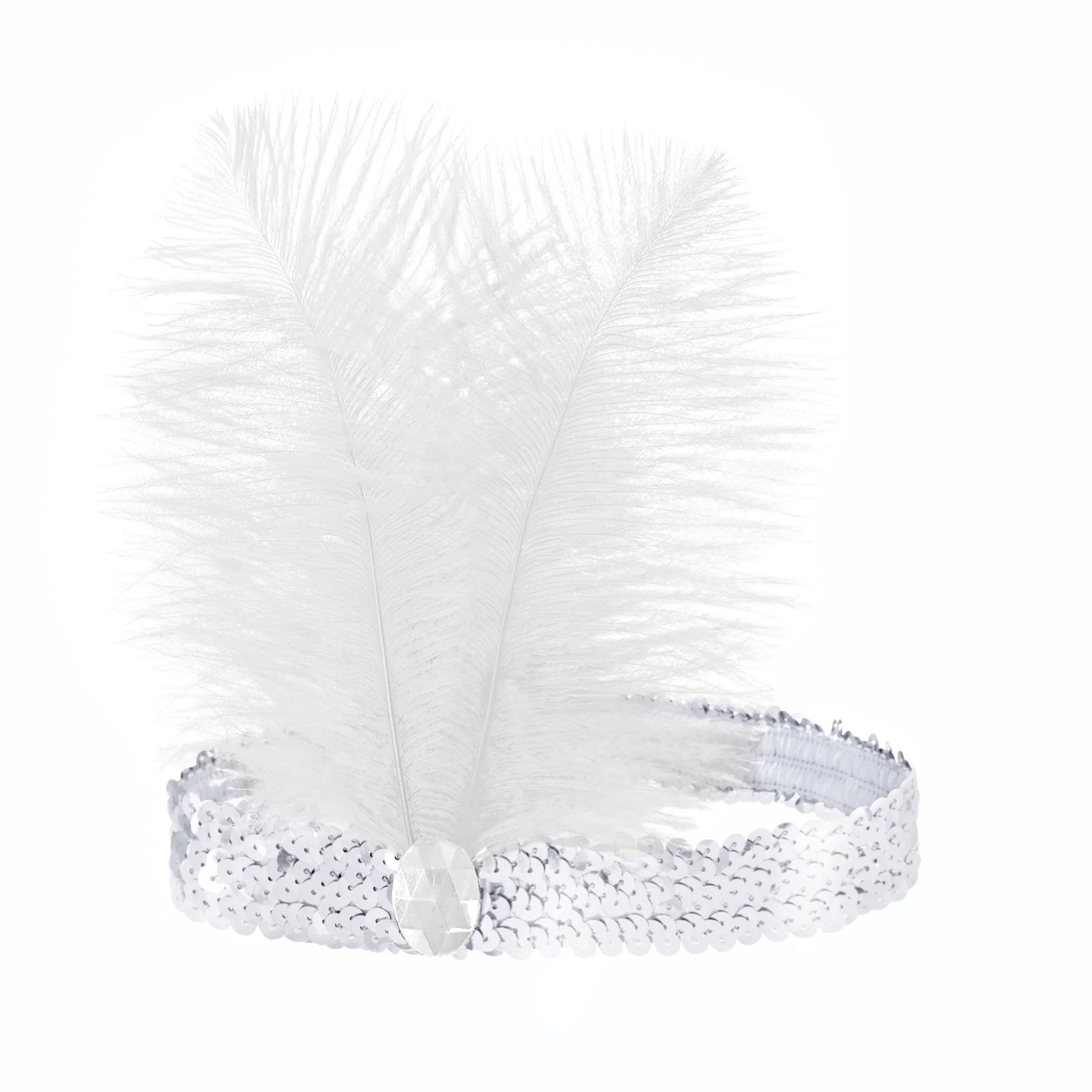 Ett elegant silverfärgat hårband för maskerad dekorerat med gnistrande paljetter, en klar juvel och fluffiga vita fjädrar upptill.