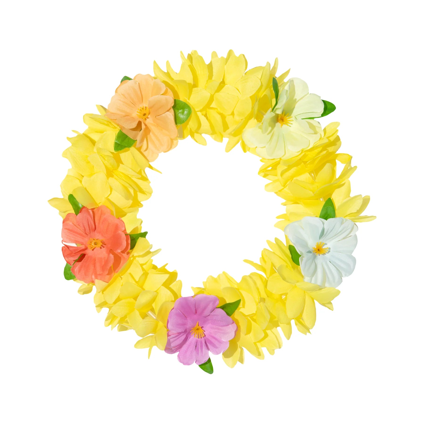 En gul blomsterkrans med elastiskt pannband och dekorativa tygblommor i rosa, vitt, aprikos och korall visas i rund form mot vit bakgrund.