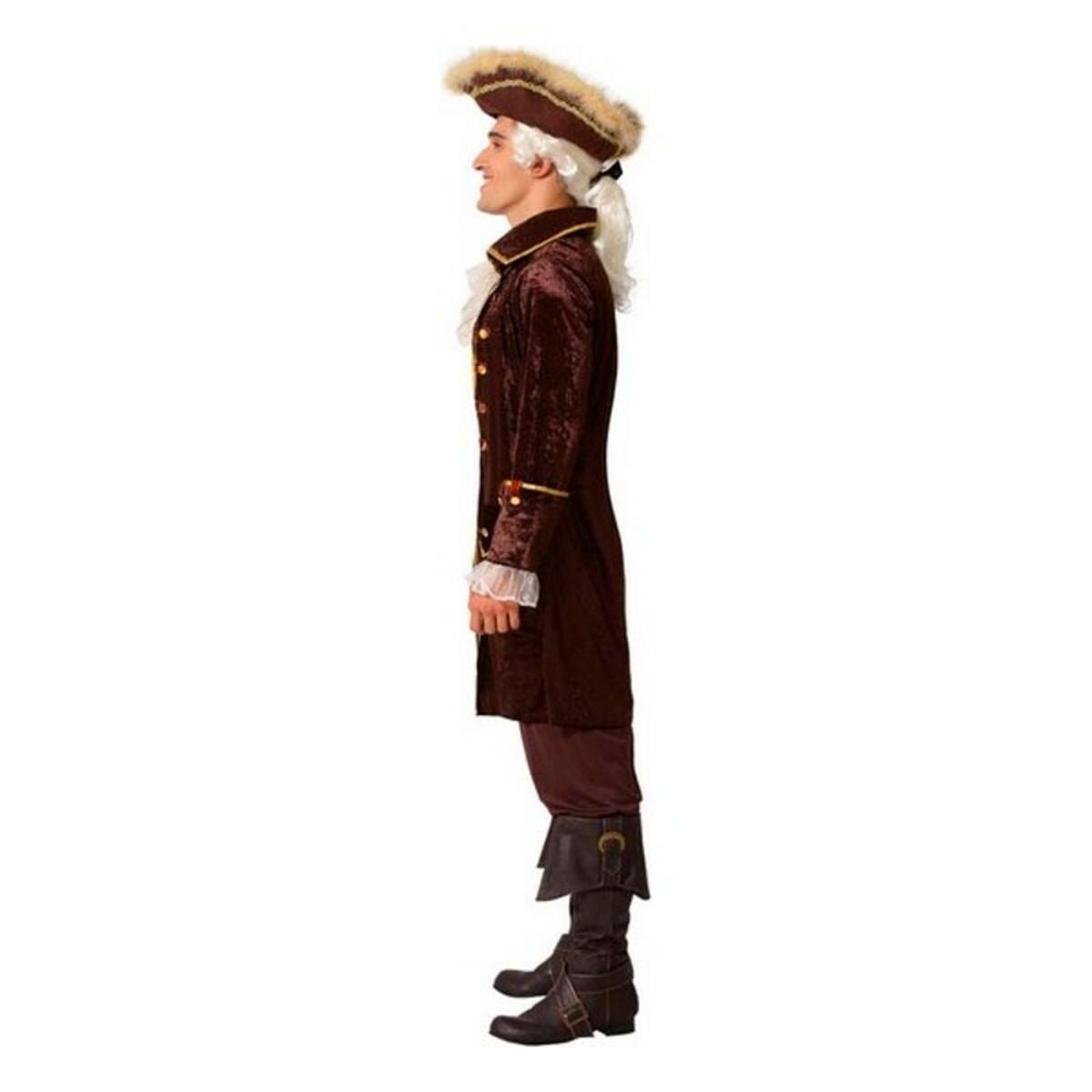 En man i profil, klädd i en elegant kaptensdräkt från 1700-talet med en lång, brun sammetsrock med spetsmanschetter.