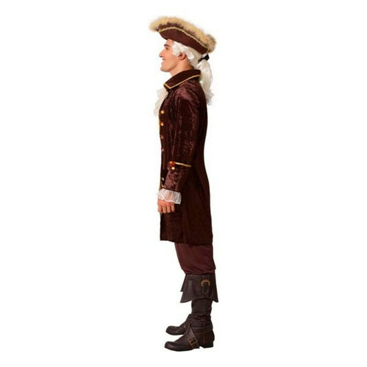 En man i profil, klädd i en elegant kaptensdräkt från 1700-talet med en lång, brun sammetsrock med spetsmanschetter.
