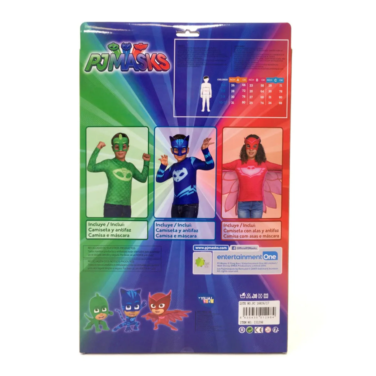 Baksidan av förpackningen för PJ Masks maskeradset, som visar bilder på alla tre hjältarna och en storlekstabell.