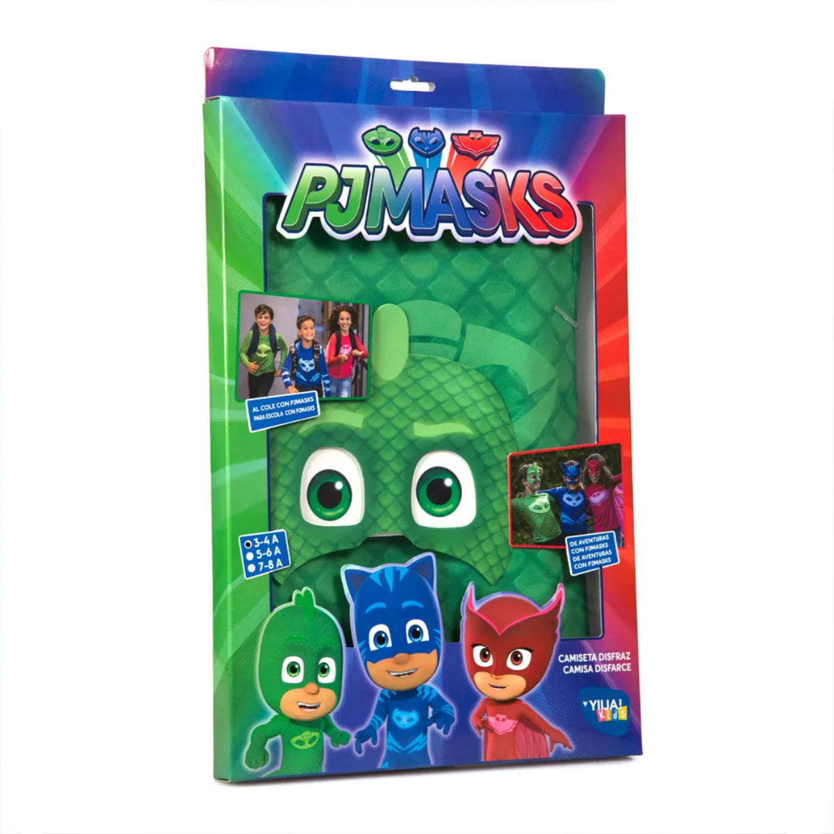 Förpackningen för Ödlis (Gekko) maskeradset, som visar tröjan och masken tillsammans med PJ Masks-loggan.