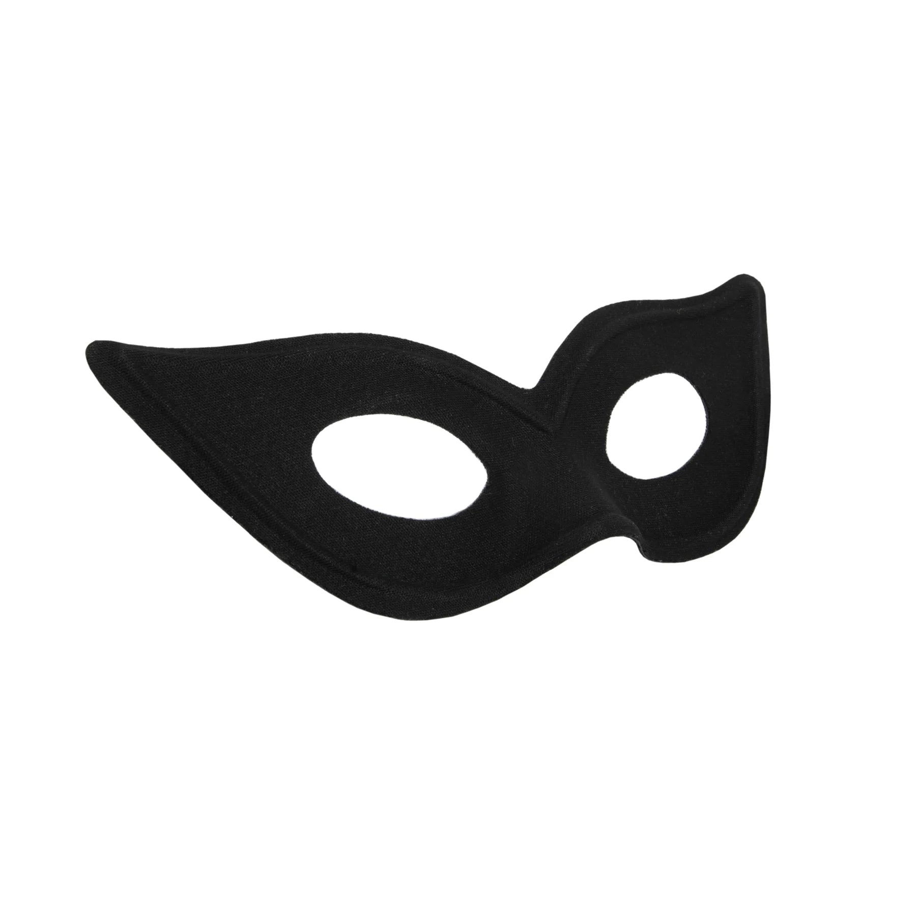 En svart kattformad ögonmask med spetsiga sidor och två ögonöppningar visas snett mot vit bakgrund.