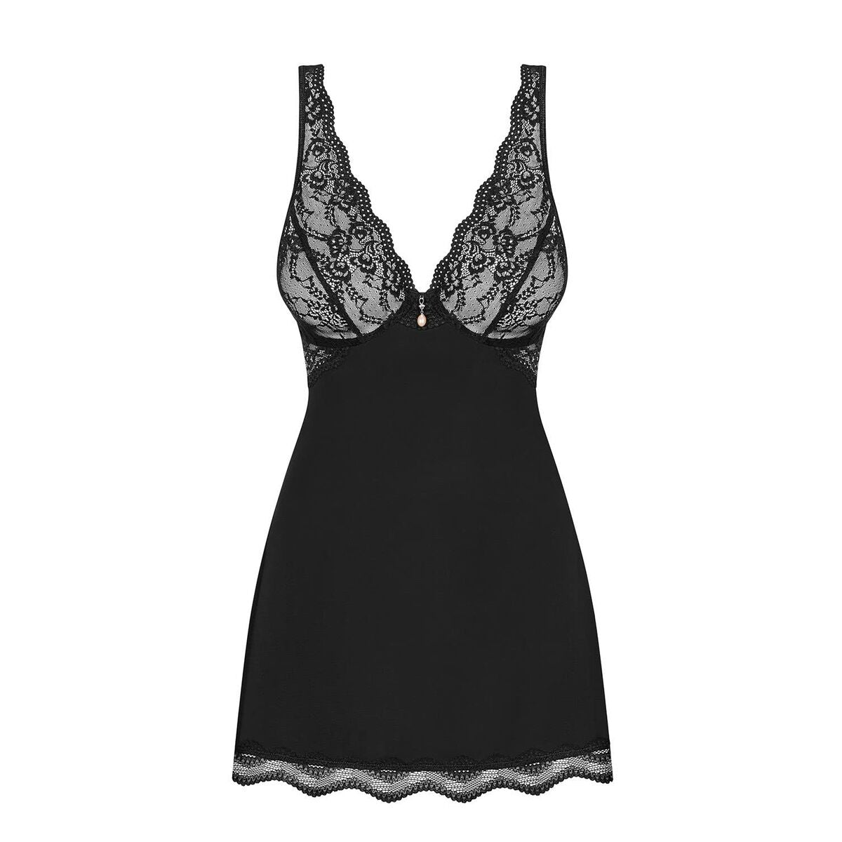 Produktbild på en svart babydoll i storlek 2XL/3XL med genomskinlig spets upptill och vågig spetskant nedtill.