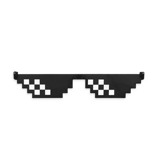 Smala svarta Thug Life pixelglasögon visas framifrån med kantig pixelkant och vit rutdekor.