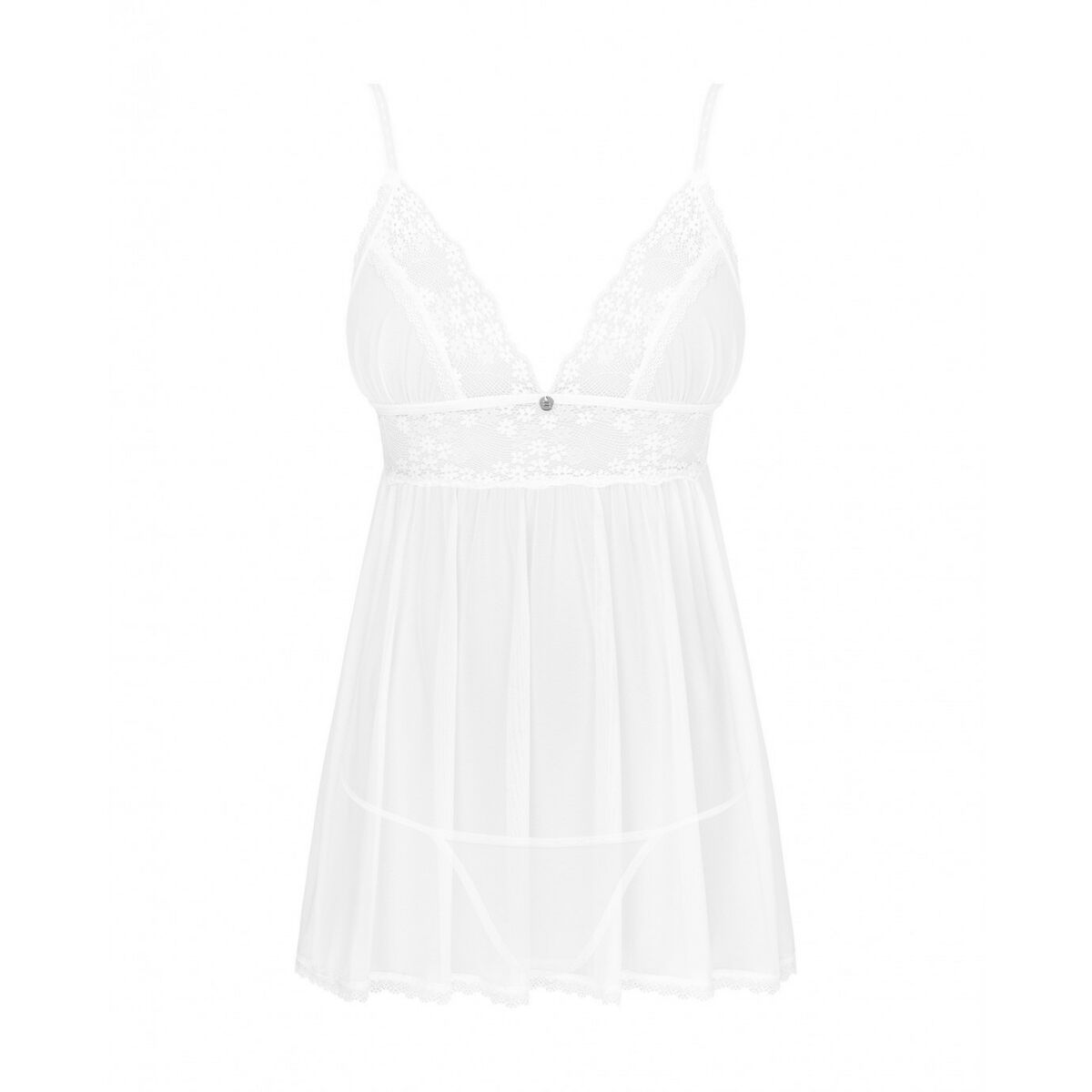 Produktbild på vit babydoll sedd bakifrån som visar den unika korsade banddesignen och den skira kjolen.
