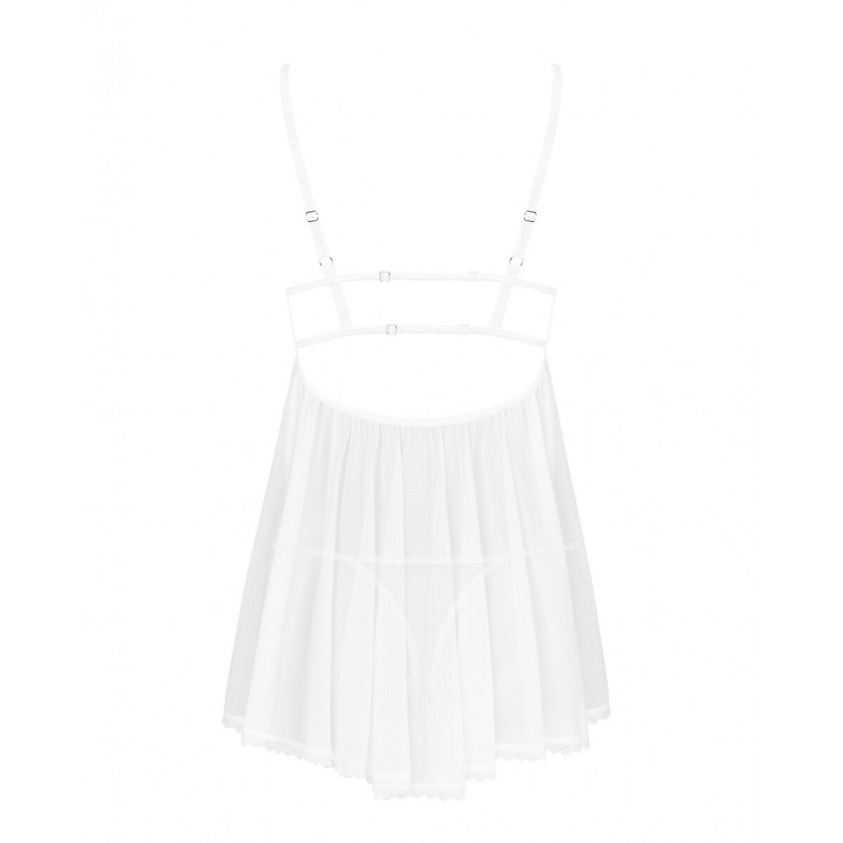 Detaljerad produktbild på vit babydoll framifrån med fokus på den romantiska spetsen och det genomskinliga tyget.