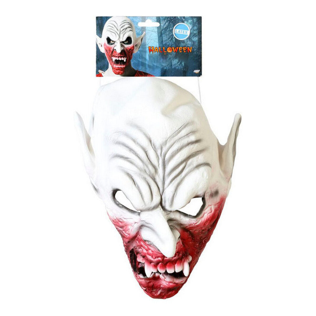 En vit och röd latexmask som föreställer en skräckinjagande vampyr med vassa tänder, blodstänk runt munnen och spetsiga öron, hänger från förpackning.
