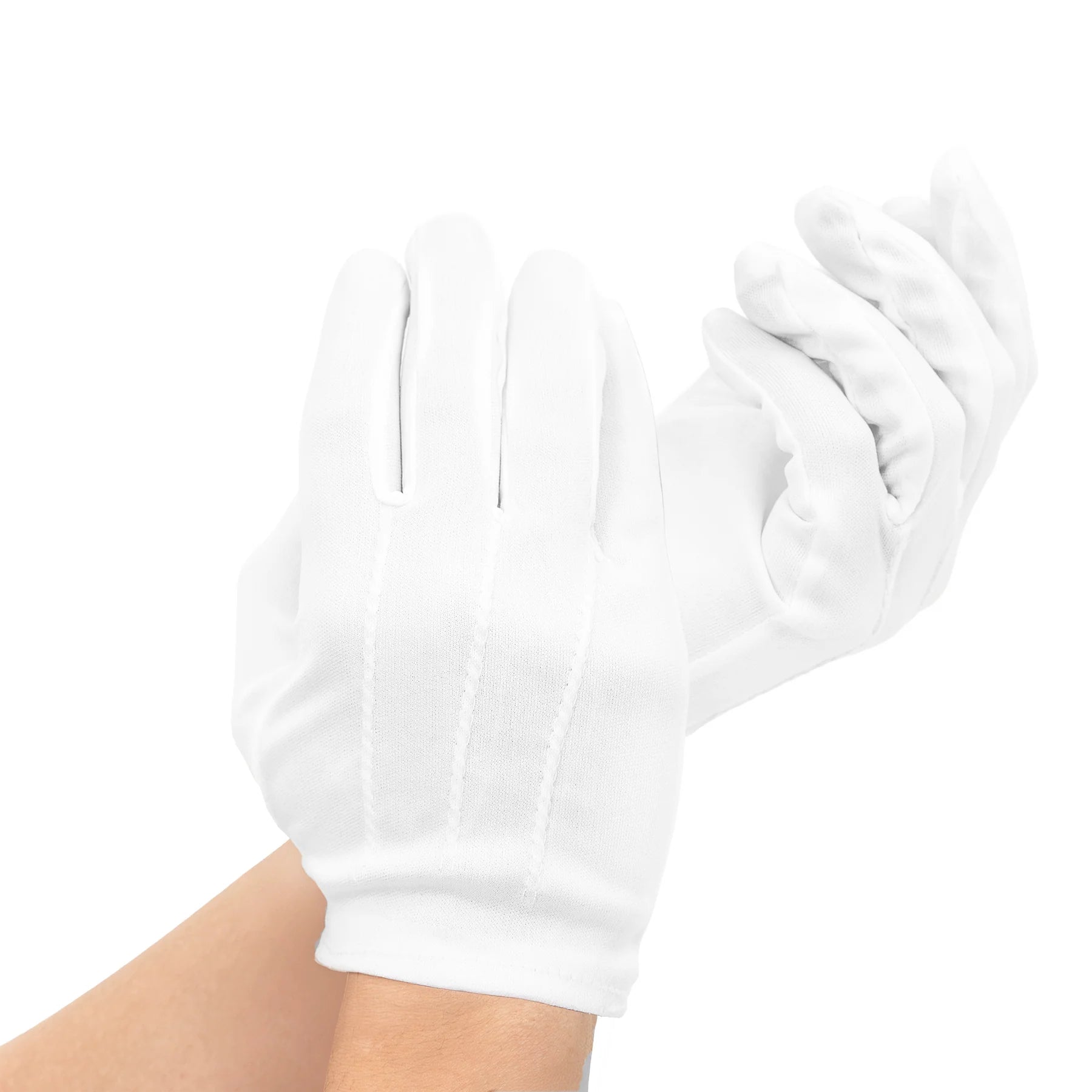 En närbild visar vita handskar på händerna med tydliga sömmar och mjukt stretchmaterial.